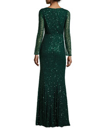 Rachel Gilbert Long Sleeve Sequined V Neck Gown Emerald