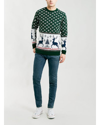 Topman Green Reindeer Christmas Sweater