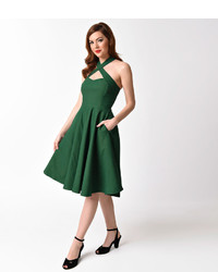 Unique Vintage 1950s Emerald Green Cross Halter Rita Flare Dress