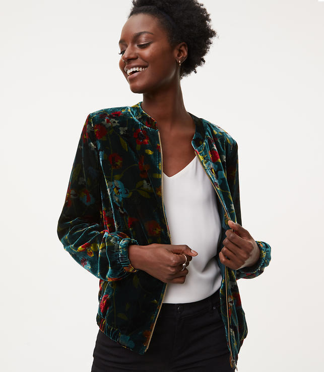 LOFT Floral Velvet Bomber Jacket, $108 | LOFT | Lookastic