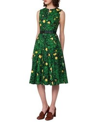 Akris Buttercup Floral Print Belted A Line Dress Forest