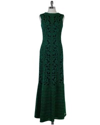 Tadashi Shoji Green Black Embroidered Sleeveless Gown