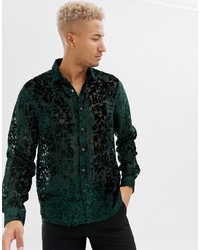 ASOS DESIGN Regular Fit Floral Burn Out Shirt In Dark Green