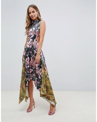 ASOS DESIGN Mixed Print Midi Dress With Hanky Hem And Lace Up Back