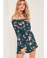 Missguided Long Sleeve Bardot Playsuit Green Floral