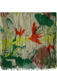 Closed Green Red Linen Crimped Printed Scarf