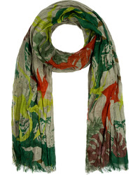 Closed Green Red Linen Crimped Printed Scarf