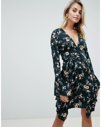 PrettyLittleThing Wrap Dress With Ruffle Trim In Green Floral