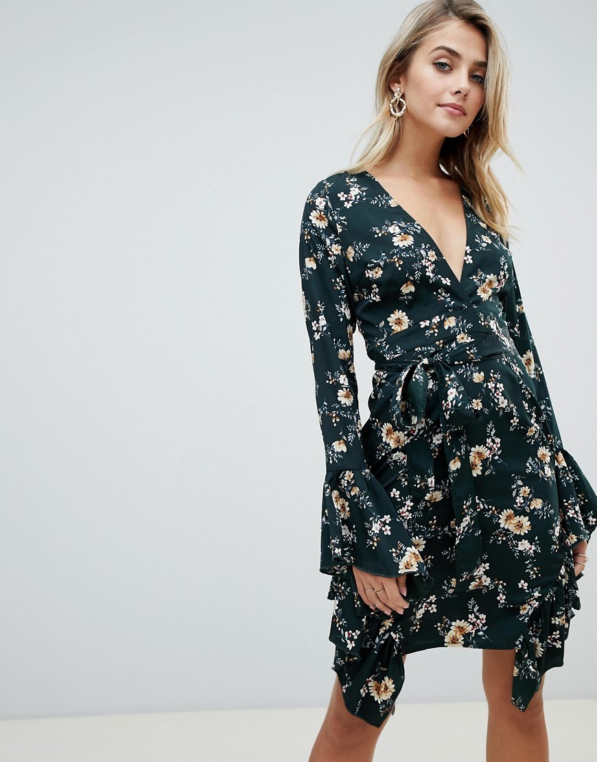 PrettyLittleThing Wrap Dress With Ruffle Trim In Green Floral, $18 | Asos |  Lookastic