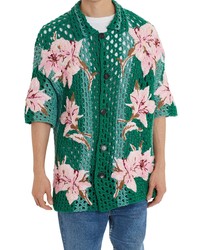 Valentino Floral Crochet Button Up Short Sleeve Camp Shirt