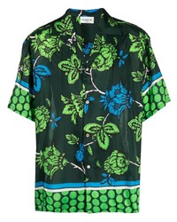 Dark Green Floral Silk Short Sleeve Shirt