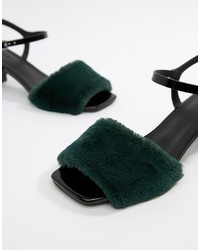 Dark Green Fur Heeled Sandals