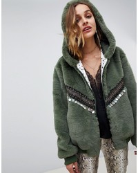 Native Rose Oversized Faux Fur Bomber With Hood And Embellisht Detail