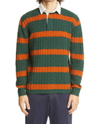 Dark Green Horizontal Striped Wool Polo Neck Sweater