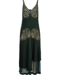 Stella McCartney Dondini Lace Paneled Pleated Satin Dress Forest Green
