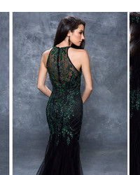 Black Emerald Beaded Sheer Illusion Mermaid Gown