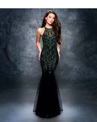 Black Emerald Beaded Sheer Illusion Mermaid Gown