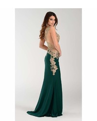 Unique Vintage Emerald Green Sexy Fitted Sheer Embellished Long Dress