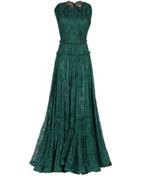 Women's Dark Green Lace Evening Dress, Gold Leather Heeled Sandals, Gold  Leather Clutch