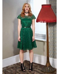Green Lace Belted Fit Flare Dress