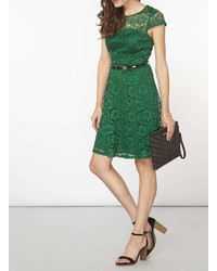 Green Lace Belted Fit Flare Dress