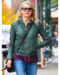 Doma Leather Hooded Biker Jacket In Bottle Green As Seen On Sara Jessica Parker And Ashley Tisdale