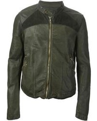 Dark Green Leather Bomber Jacket