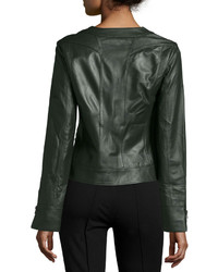 Neiman Marcus Collarless Zip Front Lambskin Leather Jacket Hunter Green