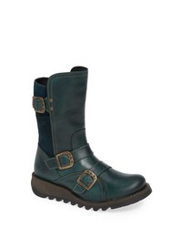 Dark Green Leather Mid-Calf Boots