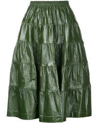 Dark Green Leather Midi Skirt
