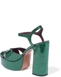 Marc Jacobs Debbie Glittered Leather Platform Sandals Emerald