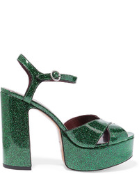 Marc Jacobs Debbie Glittered Leather Platform Sandals Emerald