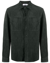 Dark Green Leather Shirt Jacket