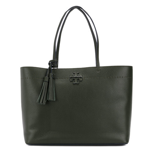 Tory Burch McGraw Leather Large Tote Olive Green Tassel Logo