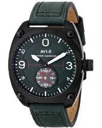 Avi 8 Av 4026 04 Hawker Harrier Ii Black Ion Plated Stainless Steel Watch With Green Leather Band