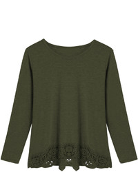 Long Sleeve Lace Crochet Hollow Army Green T Shirt