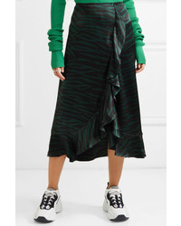 Ganni Cameron Ruffled Printed Satin Wrap Effect Skirt