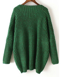 V Neck Chunky Knit Green Dolman Sweater