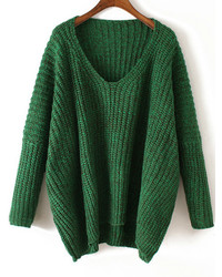 V Neck Chunky Knit Green Dolman Sweater