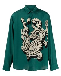 Dark Green Paisley Silk Long Sleeve Shirt