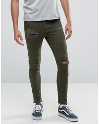 Asos Super Skinny 5 Pocket Pants In Dark Green With Rips And Distressing