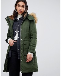 Warehouse Padded Parka Coat With Faux In Khaki