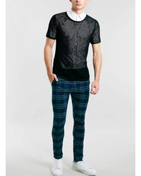 Topman Green And Navy Check Stretch Skinny Chinos