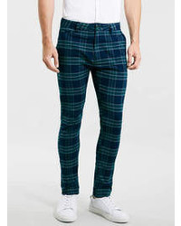 Topman Green And Navy Check Stretch Skinny Chinos