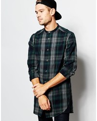 Asos Brand Longline Shirt In Overdyed Plaid Check With Grandad Collar