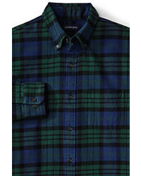 Lands' End Tall Traditional Fit Long Sleeve Pattern Flagship Flannel Shirt Dark Sapphire Plaid
