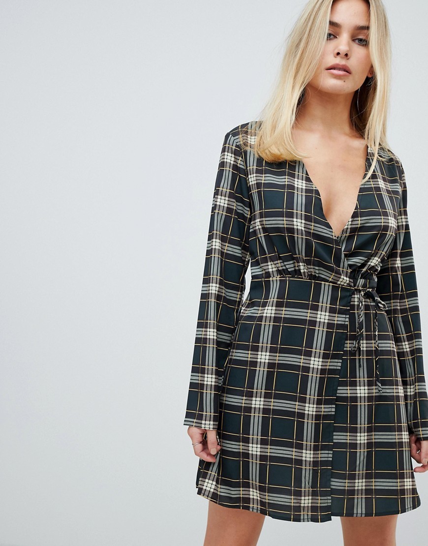 PrettyLittleThing Wrap Dress In Green Check, $33 | Asos | Lookastic