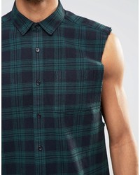 Asos Brand Sleeveless Check Shirt In Green