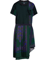 Sacai Velvet Paneled Pleated Satin And Chiffon Dress Forest Green