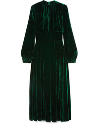 Dark Green Pleated Silk Midi Dress